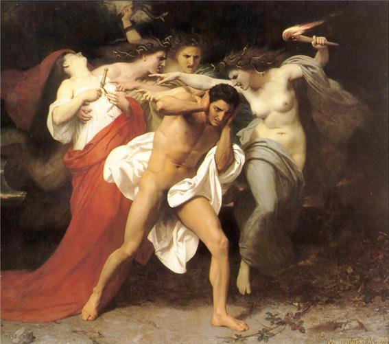 아버지의 복수를 갚기 위해 어머니를 칼로 찌르고, 복수의 여신들(에리니에스)에게 쫓기는 오레스테스. 윌리엄 아돌프 부게로(1825~1905)의 1862년 작, 미국 크라이슬러 미술관 소장