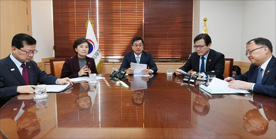 11일 서울 세종대로 정부서울청사에서 최근 주택시장 동향 및 대응방향 논의를 위한 경제현안간담회가 열리고 있다. 왼쪽부터 심보균 행정안전부 차관, 김현미 국토교통부 장관, 김동연 경제부총리 겸 기획재정부 장관, 최종구 금융위원장, 한승희 국세청장. ⓒ데일리안