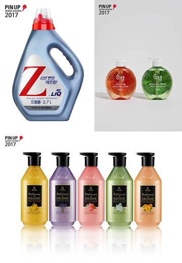 2017 핀업 디자인 어워드에서 수상한 애경의 리큐Z(좌측상단), 순샘(우측상단), 케라시스 퍼퓨머리 드 그라스(하단) 제품. ⓒ애경