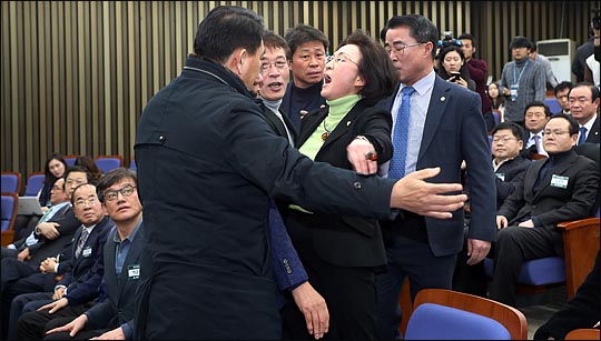 12일 오후 국회에서 바른정당과의 통합을 위한 전당대회 개최 논의를 위해 열린 국민의당 당무위원회에서 통합에 반대하는 장정숙 의원이 안철수 대표에게 "왜 회의장 못 들어오게 막고 있어 뭐가 무섭느냐?"고 항의하자 통합 찬성파 당무위원들이 막아서고 있다.(자료사진)ⓒ데일리안 박항구 기자