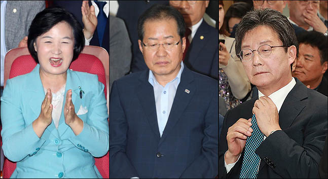 6.13 지방선거 개표상황을 지켜보는 추미애 더불어민주당 대표, 홍준표 자유한국당 대표, 유승민 바른미래당 공동대표. ⓒ데일리안