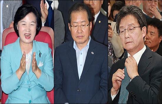 6.13 지방선거 개표상황을 지켜보는 추미애(왼쪽부터) 더불어민주당 대표, 홍준표 자유한국당 대표, 유승민 바른미래당 공동대표. ⓒ데일리안