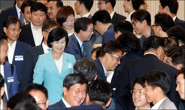 추미애 더불어민주당 대표가 13일 오후 국회 의원회관에서 열린 중앙위원회의에 참석하며 중앙위원들과 인사를 나누고 있다. ⓒ데일리안 박항구 기자