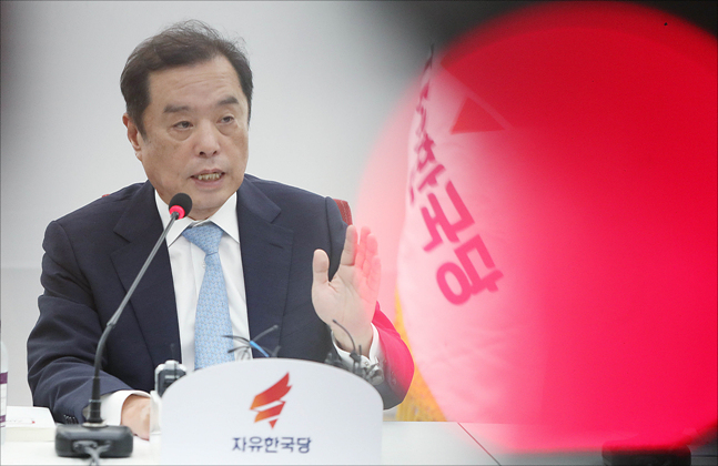 김병준 자유한국당 혁신비대위원장이 18일 오전 국회 자유한국당 당대표실에서 가진 기자간담회에서 취재진의 질문에 답변하고 있다. ⓒ데일리안 홍금표 기자