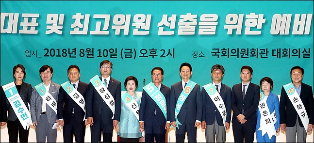 10일 국회 의원회관에서 열린 바른미래당 당대표 및 최고위원 선출을 위한 예비경선 정견발표회에서 10명의 후보들이 함께 포즈를 취하고 있다. 왼쪽부터 김수민 청년최고위원 후보, 하태경, 김영환, 장성철, 신용현, 정운천, 장성민, 이수봉, 이준석, 권은희, 손학규 당대표 후보. ⓒ데일리안 박항구 기자