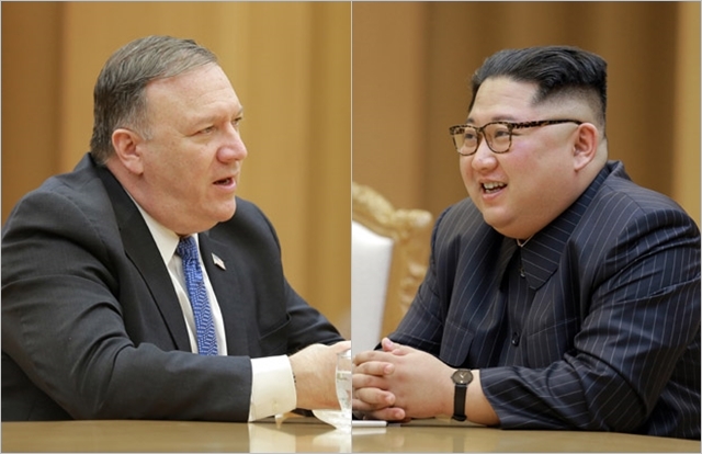 김정은 북한 국무위원장(오른쪽)과 마이크 폼페이오 미국 국무장관 ⓒ조선중앙통신