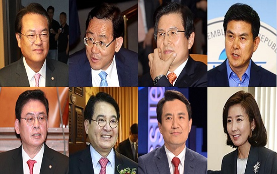 자유한국당 유력 당권주자들의 모습. 사진 왼쪽 위부터 시계방향으로 정진석 전 원내대표, 주호영 전 원내대표, 황교안 전 국무총리, 김태호 전 최고위원, 나경원 의원, 김진태 의원, 심재철 전 국회부의장, 정우택 전 원내대표. ⓒ데일리안